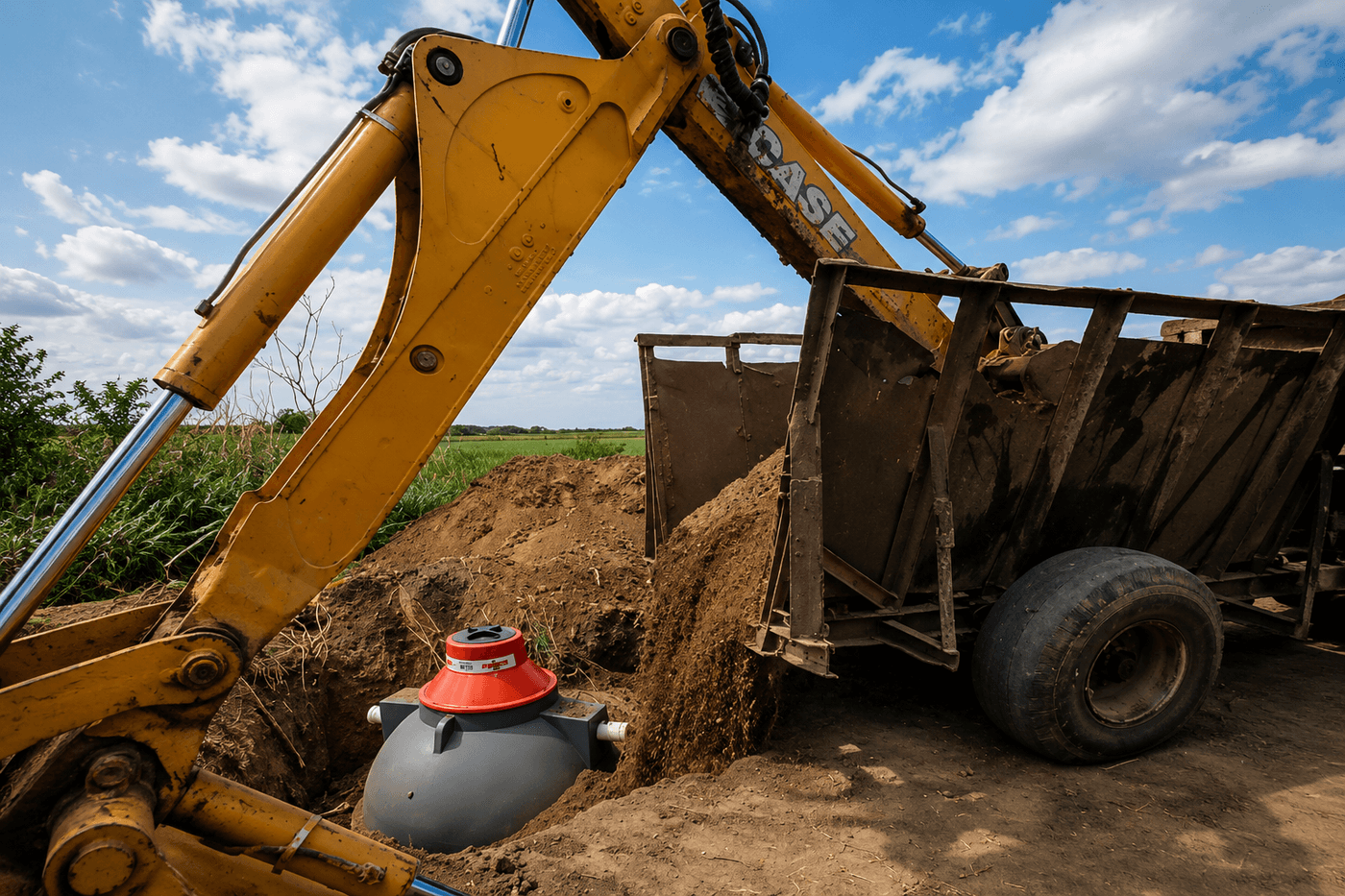 PlumWiz excavator on-site installing a septic tank